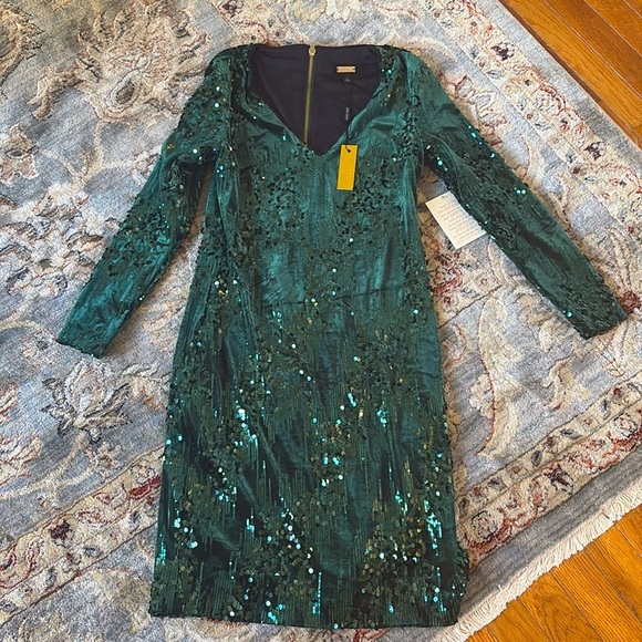 Boston Proper Alexia Admor $189 green velvet sequins long sleeve holiday dress 2 - Picture 2 of 10
